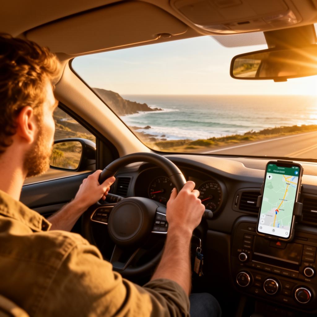 Driver on a coastal road at sunset with navigation on a dashboard phone